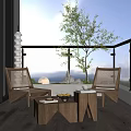 Modern Outdoor Balcony Seating Set With Wooden Chairs Coffee Table Natural Tree And Scenic View
