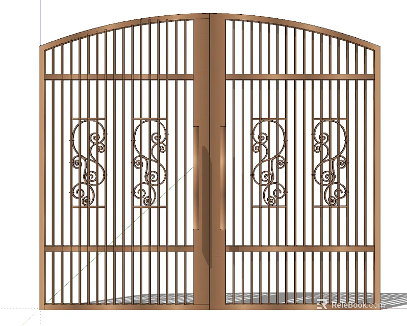 Metal Double Door Gate With Arched Top And Decorative Scroll Carvings 3d model 