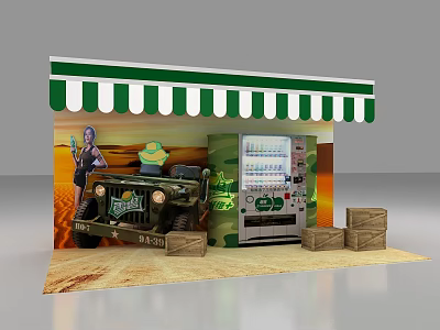 Military Themed Exhibition Booth With Striped Awning Jeep Camouflage Vending Machine And Crates 3d model