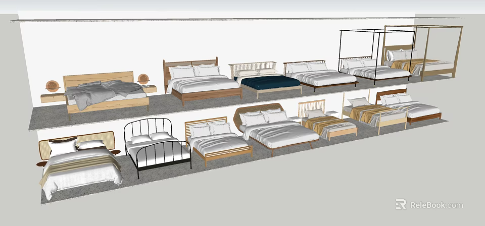 Various Double Bed Designs With Wooden Metal Frames Mattresses And Pillows 3d model