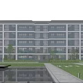 Modern Style Residential Building with Glass Windows Multiple Floors Greenery Water Feature and Pathway