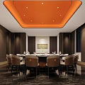 Modern Private Dining Room Interior With Orange Ceiling Red Wall Round Table And Marble Floor 3d model