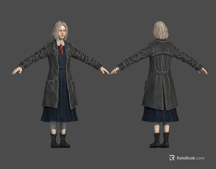 3D Character Model Front Back View With Light Hair Long Dark Coat Blue Dress Boots 3d model 