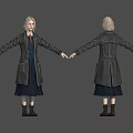 3D Character Model Front Back View With Light Hair Long Dark Coat Blue Dress Boots