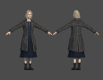 3D Character Model Front Back View With Light Hair Long Dark Coat Blue Dress Boots 3d model