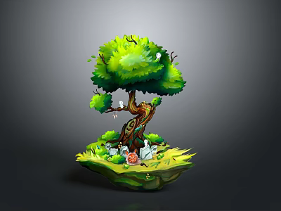 Lush Green Tree With Brown Trunk Grass Mushrooms And Small Animals On Floating Island 3d model