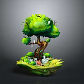 Lush Green Tree With Brown Trunk Grass Mushrooms And Small Animals On Floating Island