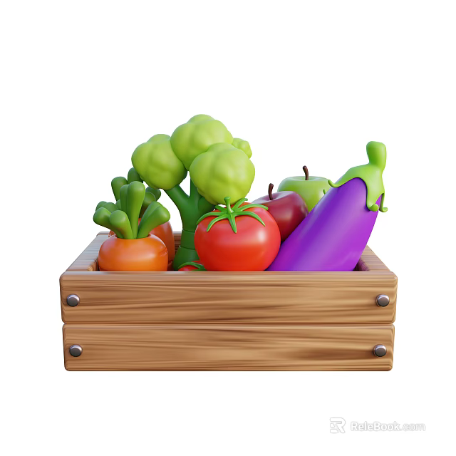 Fresh Assorted Vegetables in Wooden Box with Broccoli Carrots Tomatoes and Eggplant 3d model 