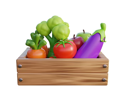 Fresh Assorted Vegetables in Wooden Box with Broccoli Carrots Tomatoes and Eggplant 3d model