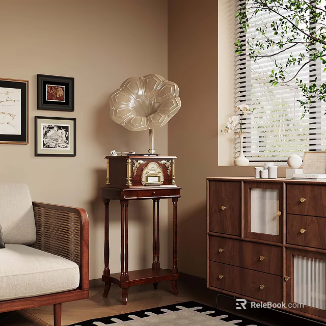 Vintage Gramophone In Cozy Room Interior With Wooden Cabinet Sofa Picture Frames And Green Plant 3d model 