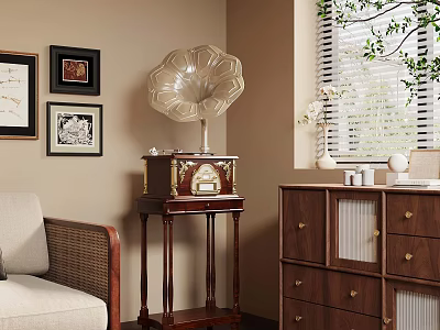 Vintage Gramophone In Cozy Room Interior With Wooden Cabinet Sofa Picture Frames And Green Plant 3d model