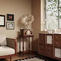 Vintage Gramophone In Cozy Room Interior With Wooden Cabinet Sofa Picture Frames And Green Plant