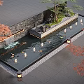 Tranquil Water Fountain With Stone Wall Lanterns Fish And Maple Trees 3d model