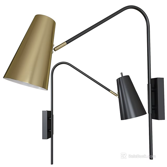 Modern Wall Lamps With Golden Conical Shades And Black Metal Arms 3d model 
