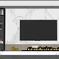Modern TV Wall Design with Marble Panels Bookshelf and Fireplace Feature 3d model