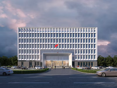 Modern Office Building Facade With Red Flag Main Entrance Pedestrians Surrounding Greenery And Parked Cars 3d model