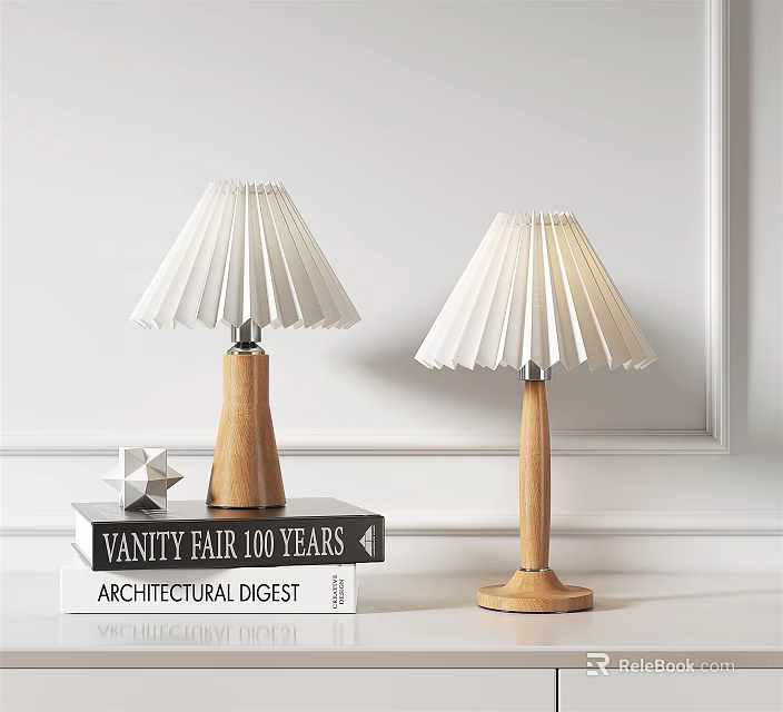 Modern Table Lamps with White Pleated Lampshades and Wooden Bases on Books Against White Wall 3d model 