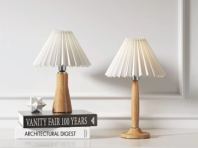 Modern Table Lamps with White Pleated Lampshades and Wooden Bases on Books Against White Wall 3d model