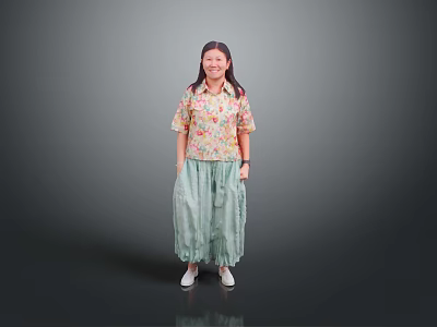 A Woman Wearing Floral Shirt And Green Skirt Standing On Gray Background 3d model