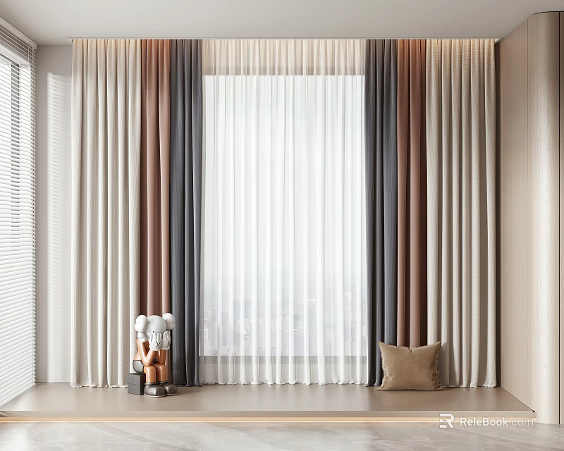 Modern Sheer Curtains In White Beige Brown Tones With Lightweight Fabric And Window Pillow 3d model 