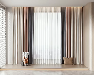 Modern Sheer Curtains In White Beige Brown Tones With Lightweight Fabric And Window Pillow 3d model
