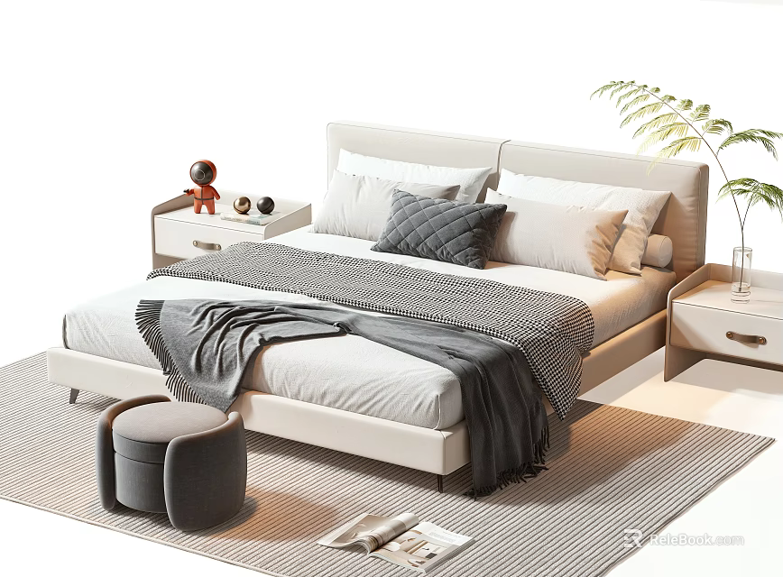 Double Bed in Modern Bedroom with Pillows Blanket Stool Plant and Magazines 3d model 