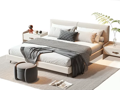 Double Bed in Modern Bedroom with Pillows Blanket Stool Plant and Magazines 3d model