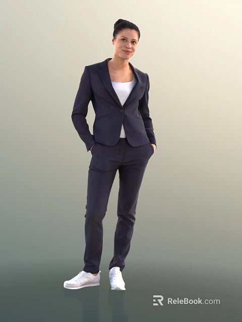 Woman Wearing Navy Blue Suit With White Top Standing With Hands In Pockets 3d model 
