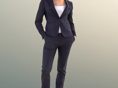 Woman Wearing Navy Blue Suit With White Top Standing With Hands In Pockets 3d model
