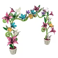 Colorful Event Arch Decorated With Floral Designs Spiral Green Leaves Butterflies And Birds