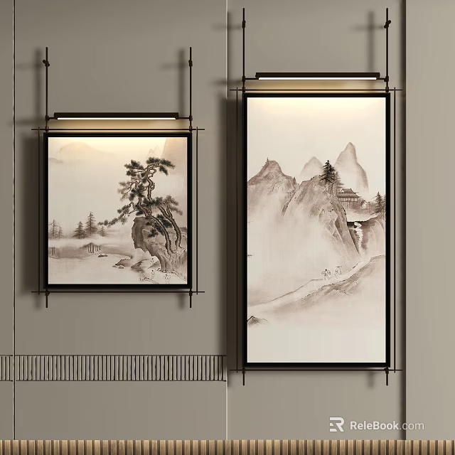 Abstract Painting Artwork On Wall Interior With Traditional Chinese Landscape And Tree Elements 3d model