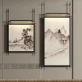 Abstract Painting Artwork On Wall Interior With Traditional Chinese Landscape And Tree Elements 3d model