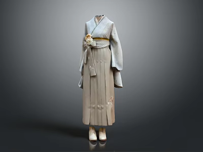 Traditional Japanese Kimono In Light Gray Featuring Elegant Obi Belt Floral Design And White Shoes 3d model