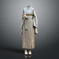 Traditional Japanese Kimono In Light Gray Featuring Elegant Obi Belt Floral Design And White Shoes