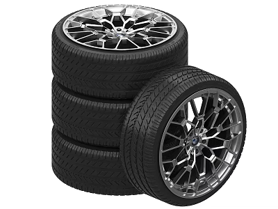 Stacked Car Tires With Alloy Rims And Detailed Tread Pattern 3d model