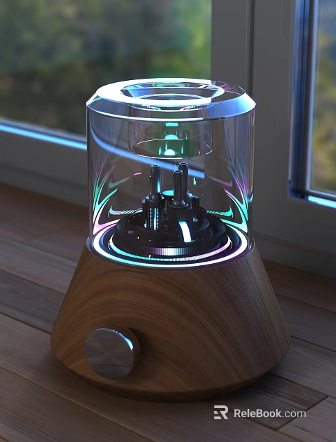 Modern Table Lamp With Transparent Shade And Wooden Base Colorful Holographic Light Ring Design 3d model 