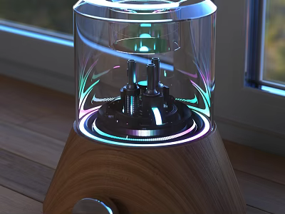 Modern Table Lamp With Transparent Shade And Wooden Base Colorful Holographic Light Ring Design 3d model