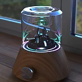 Modern Table Lamp With Transparent Shade And Wooden Base Colorful Holographic Light Ring Design