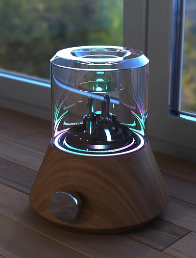 Modern Table Lamp With Transparent Shade And Wooden Base Colorful Holographic Light Ring Design 3d model
