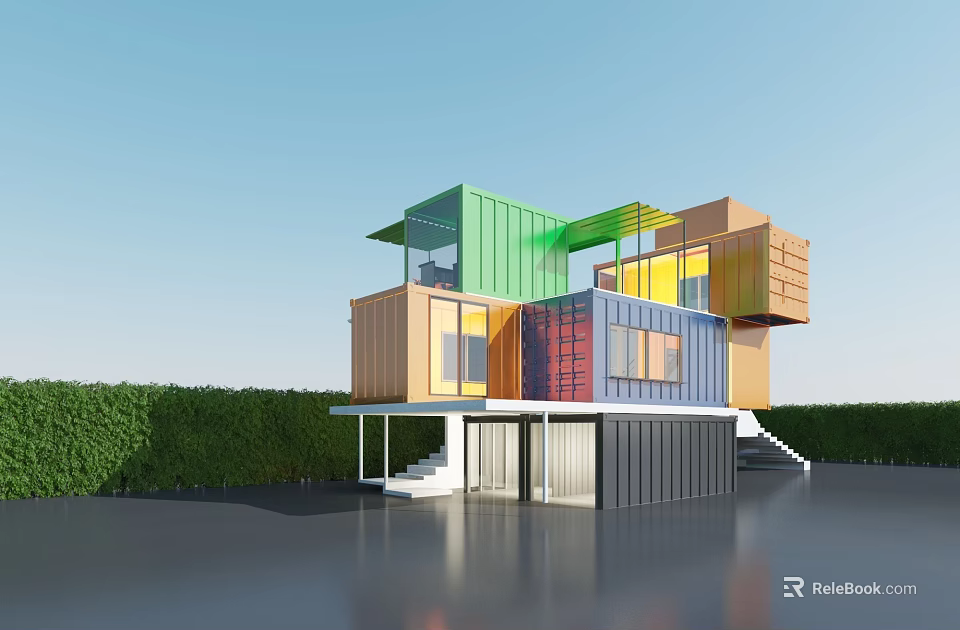 Colorful Container Built Modern Detached Villa Featuring Multicolored Modules And Green Hedge 3d model