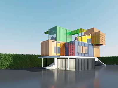 Colorful Container Built Modern Detached Villa Featuring Multicolored Modules And Green Hedge 3d model
