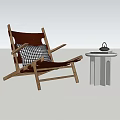 Stylish Leisure Chair With Wooden Frame Brown Cushion Checkered Pillow And Side Table