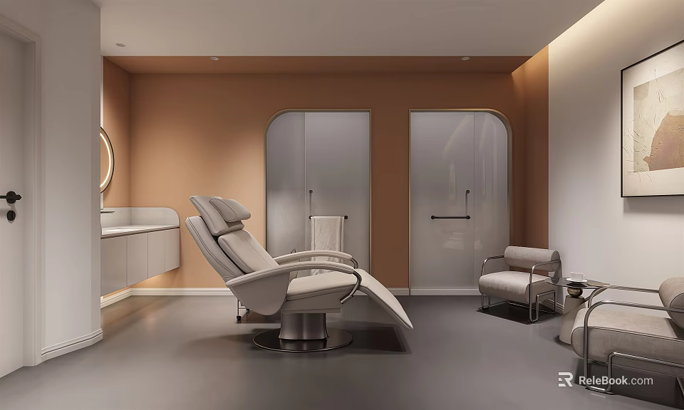 Modern Beauty Salon Interior With Beige Sofa Chair Glass Doors White Counter And Gray Floor 3d model 