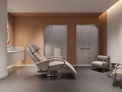 Modern Beauty Salon Interior With Beige Sofa Chair Glass Doors White Counter And Gray Floor 3d model