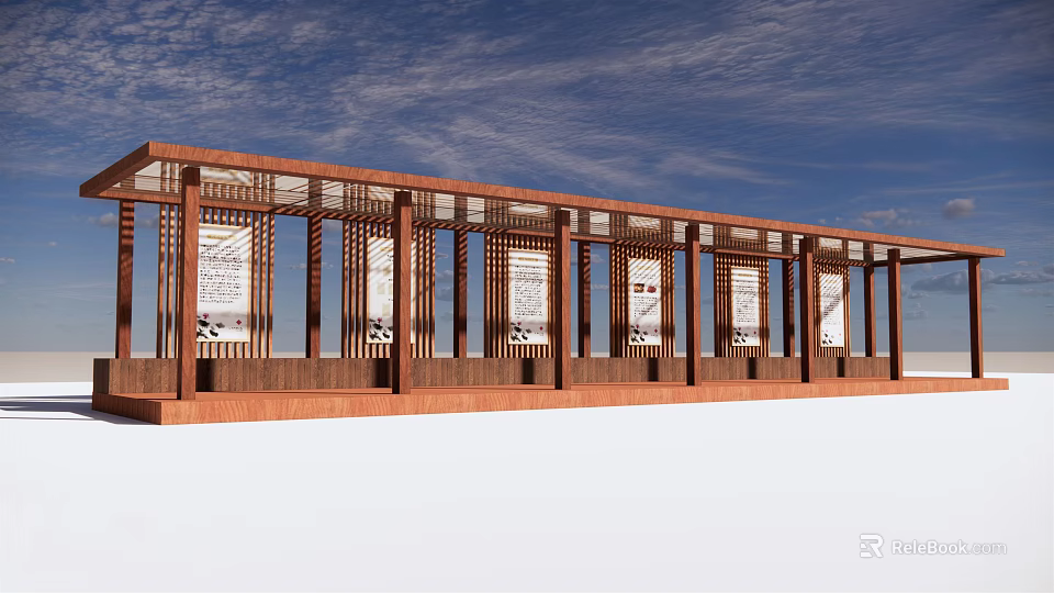 Wooden Pergola With Columns Decorative Panels And Beam Structure Under Blue Sky 3d model 