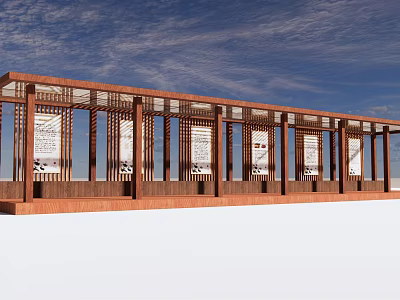 Wooden Pergola With Columns Decorative Panels And Beam Structure Under Blue Sky 3d model