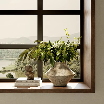 Ceramic Vase With Green Foliage And Blooms On Windowsill With Books Decor Overlooking Lake Mountains 3d model