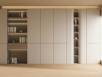 Modern Bookcase Interior Design With Open Shelves Closed Cabinets And Decorative Books 3d model