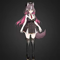 Woman with Cat Ears and Tail in Black Dress Pink Purple Hair Knee High Boots