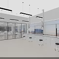 Modern Laboratory Interior Design With Glass Partitions Long Workbenches And Hanging Lights